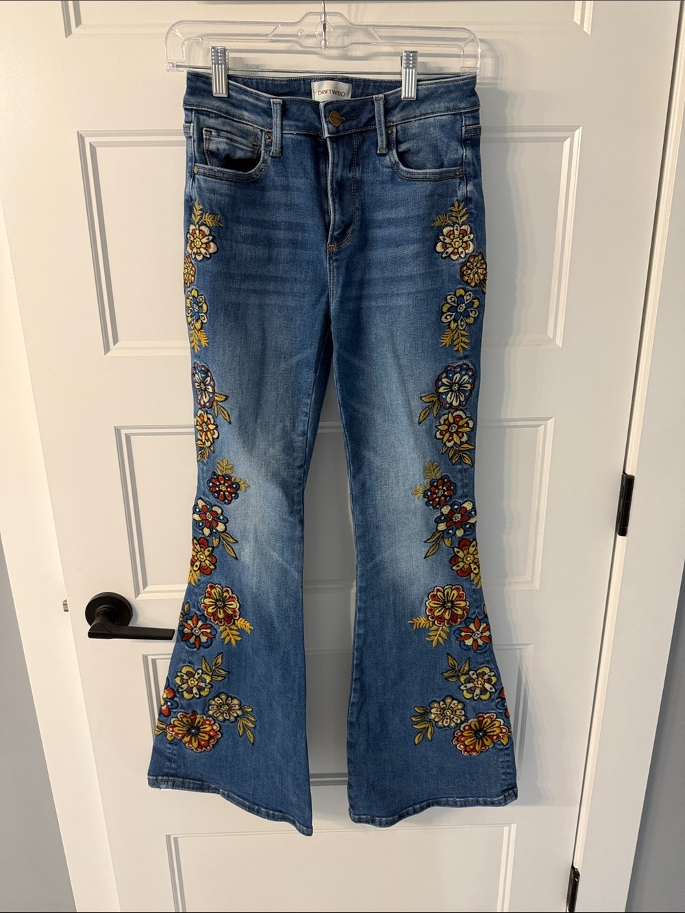 DRIFTWOOD Blue Flare Jeans with Multicolor Floral Embroidery - Picture 1 of 1